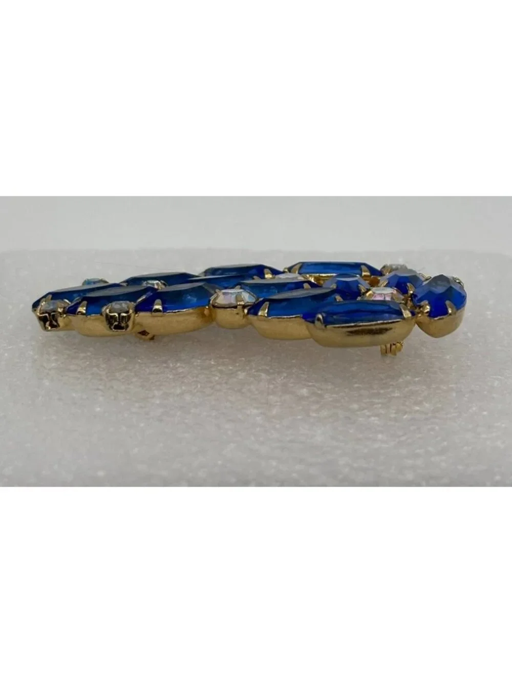 Vintage Blue Navette and Clear Prong-Set Rhinestone Brooch Open Back, Not Signed